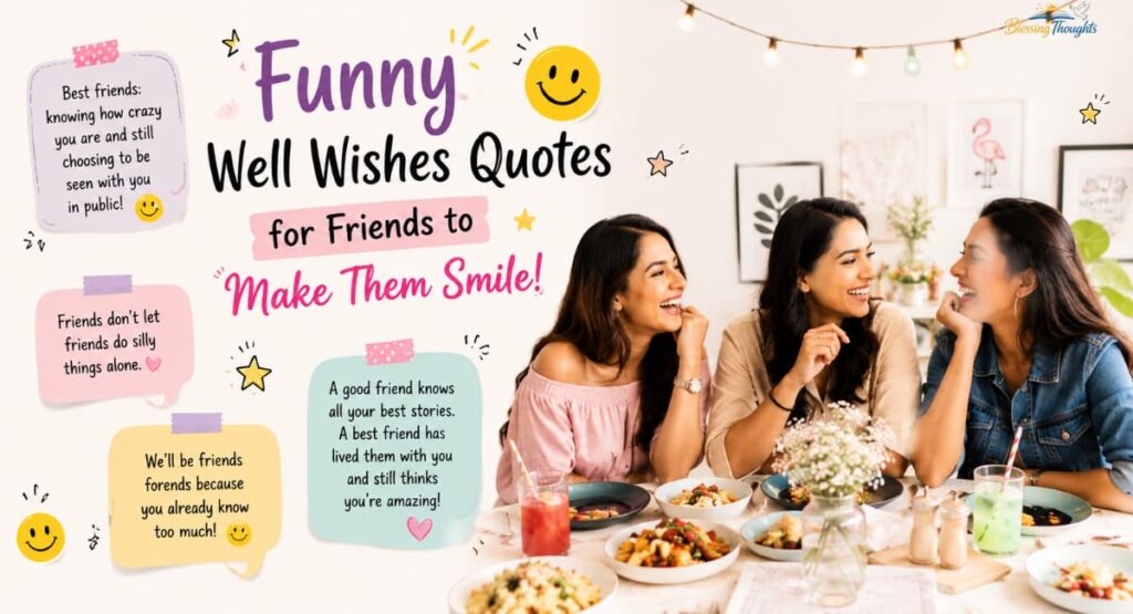 Funny Well Wishes Quotes for Friends with cute smiling friends, cheerful vibes, and playful happy message.