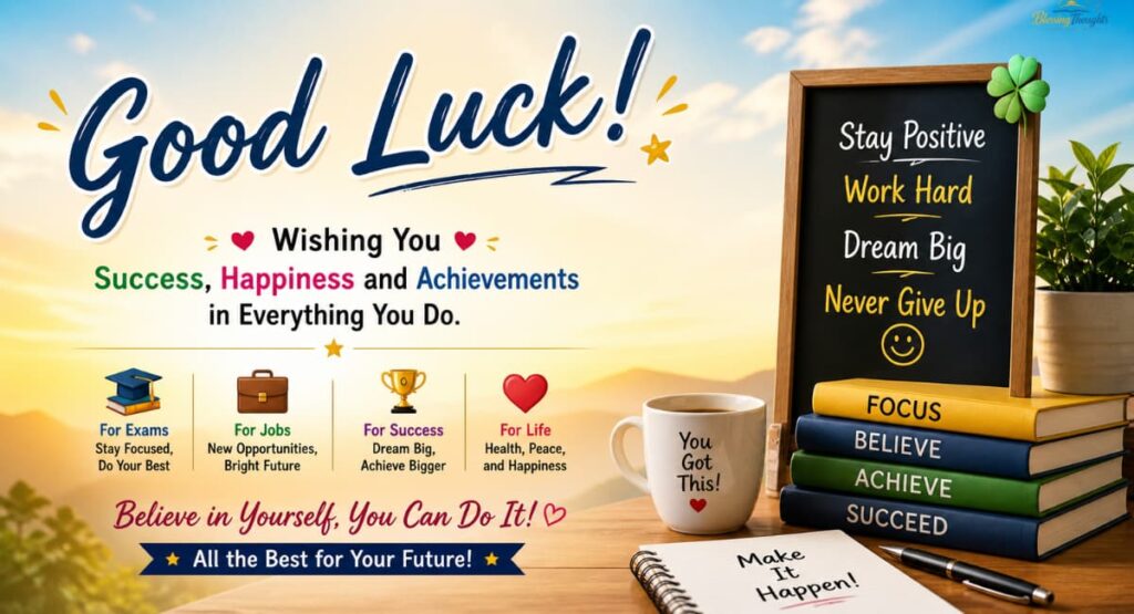 Good Luck Wishes for Success, Exams, Jobs and Life Events motivational poster with positive inspirational quotes and bright sunrise background.