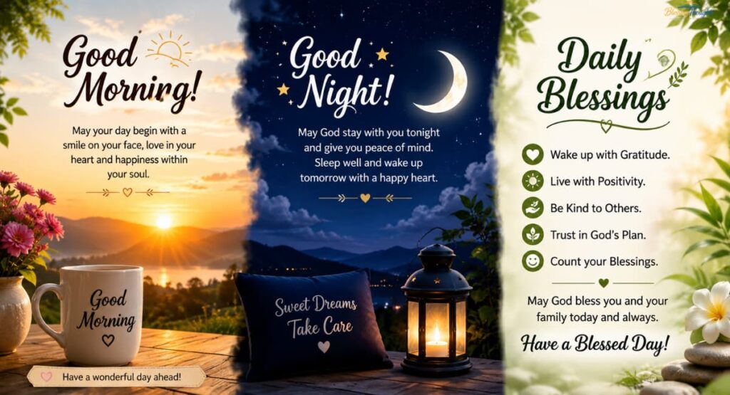 Good Morning, Night and Daily Blessings Messages inspirational collage with sunrise, night sky, and positive daily affirmations.