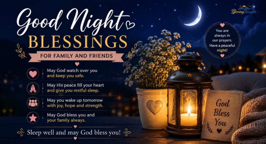 Good night blessings for family and friends image with glowing lantern, moonlit sky, cozy blankets, and peaceful bedtime prayers.