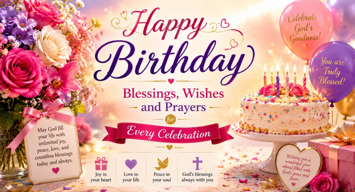Happy birthday blessings image with colorful flowers, birthday cake, balloons, and heartfelt wishes