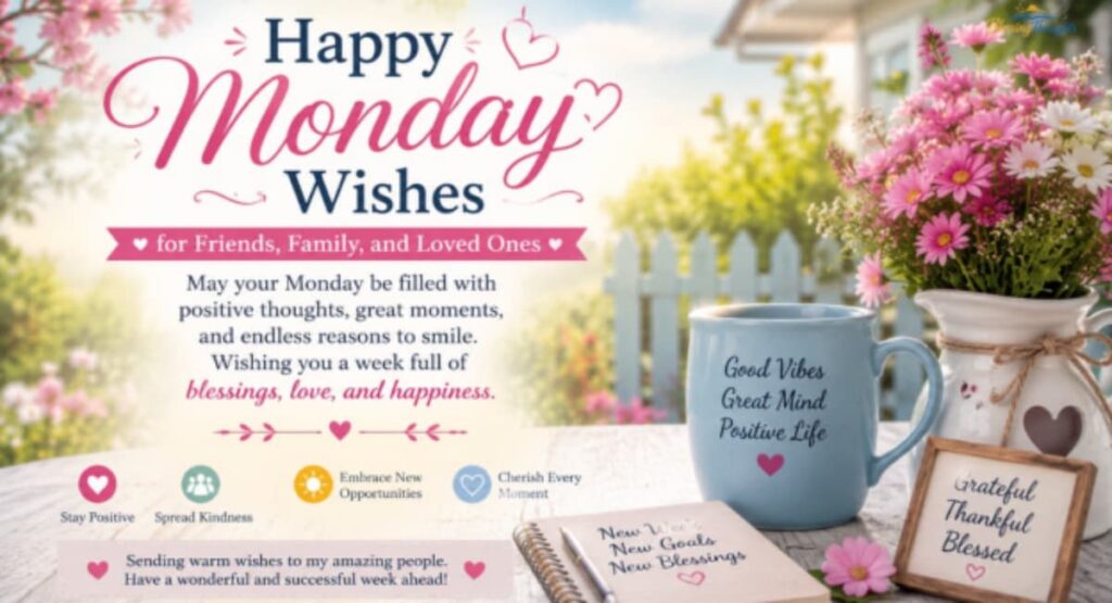 Beautiful Happy Monday wishes for friends, family, and loved ones to share.