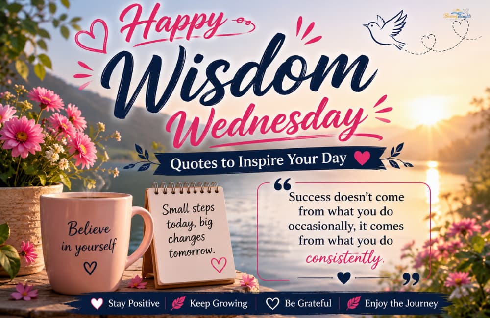 Happy Wisdom Wednesday Quotes to Inspire Your Day image with motivational quote, pink flowers, coffee mug, sunrise lake background, and positive midweek inspiration.