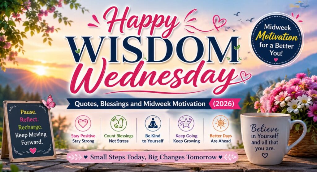 Happy Wisdom Wednesday image with motivational quotes, colorful flowers, sunrise background, and inspiring midweek blessings and positivity messages.