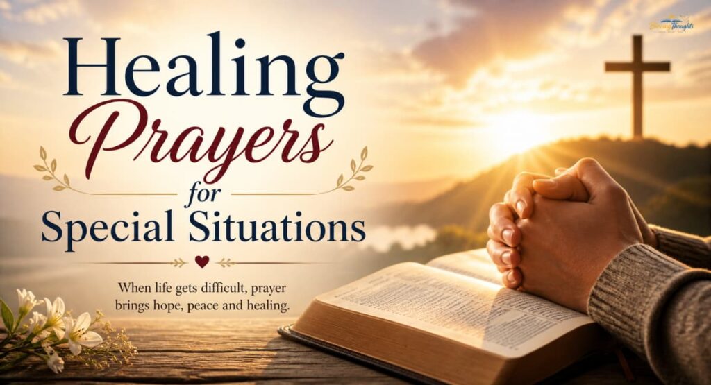 Healing Prayers for Special Situations – peaceful Christian inspirational image with praying hands, open Bible, and sunrise cross.