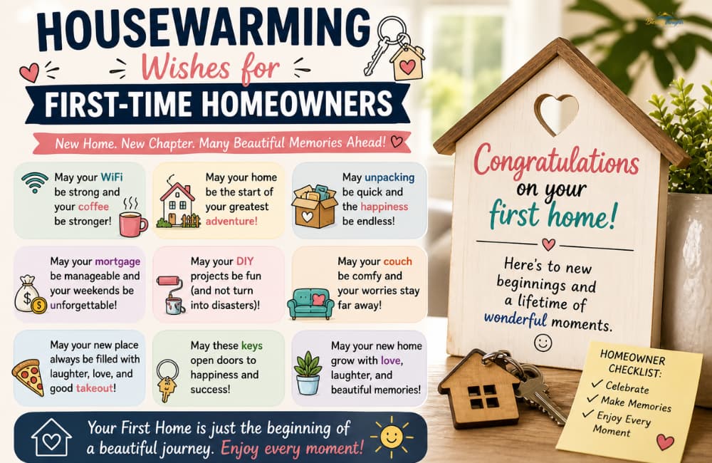 A young couple holding keys outside their first property, featured with new home wishes funny and proud housewarming quotes