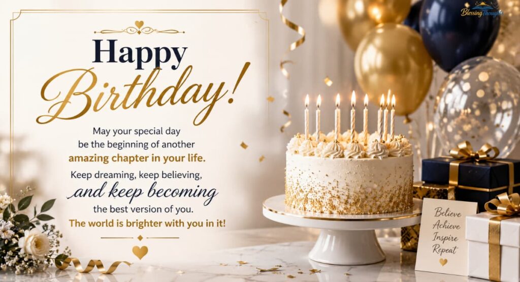 Elegant birthday celebration image with candles, flowers, and uplifting inspirational birthday wishes quotes for loved ones.