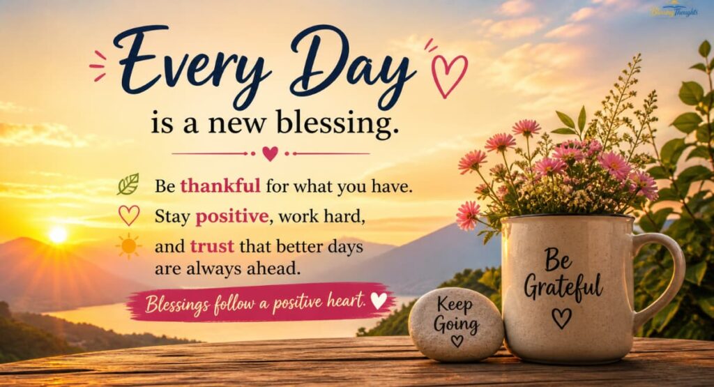 Inspirational blessings quotes for positivity and motivation with a sunrise background and uplifting message.