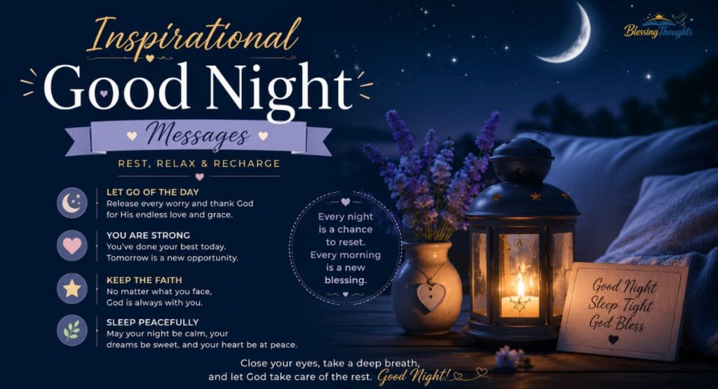 Inspirational good night wishes and prayers image with glowing lantern, moon, and peaceful bedtime blessings.