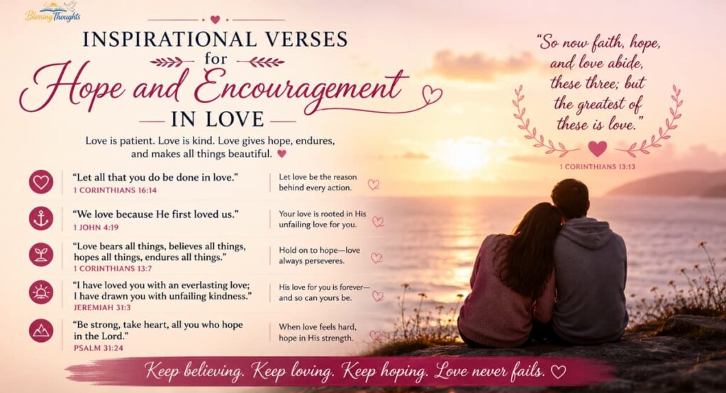 Inspirational verses for hope and encouragement in love with a romantic sunset background featuring a couple sitting together by the sea and uplifting Bible quotes about faith, hope, and love.