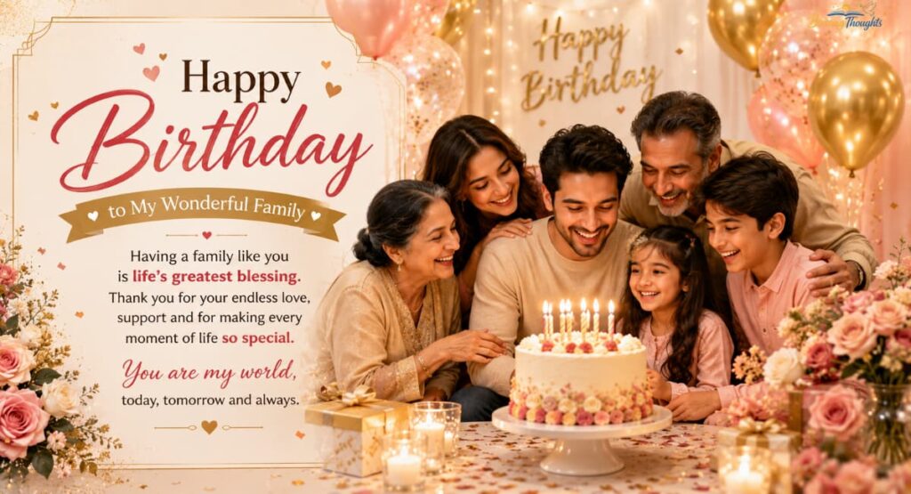 Warm family birthday celebration with cake, candles, and loving birthday wishes quotes for family members.