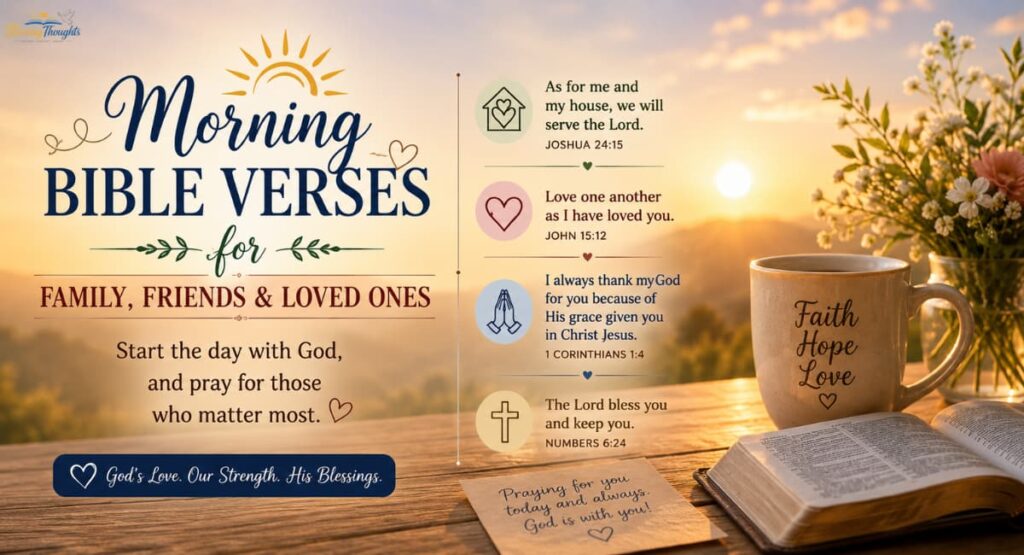 Bible quotes on good morning for family, friends and loved ones with sunrise background and inspirational verses.