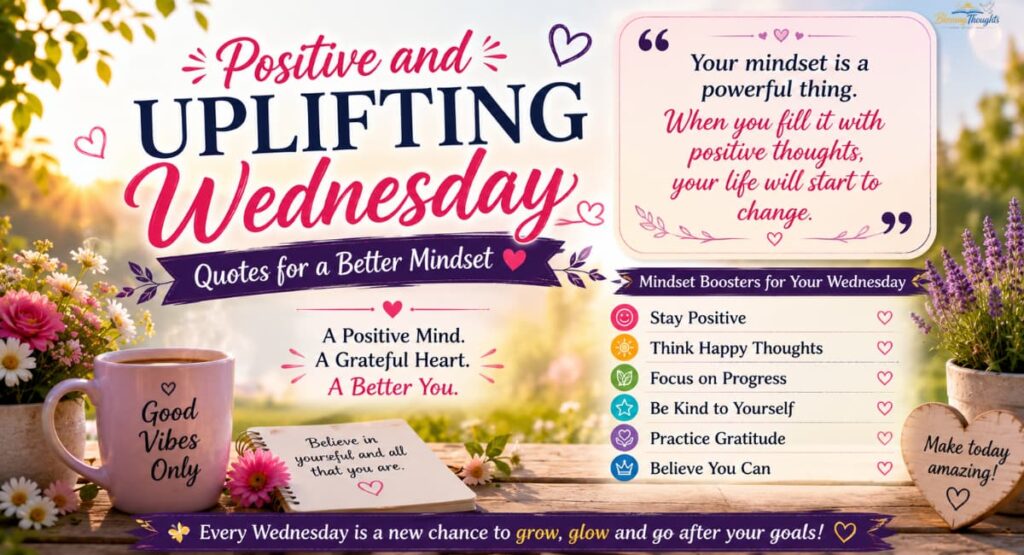 Positive and Uplifting Wednesday Quotes for a Better Mindset image with motivational sayings, flowers, coffee mug, gratitude notes, and colorful midweek inspiration.
