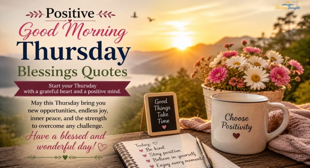 Beautiful Thursday blessings images and quotes with peaceful sunrise, flowers, nature background, and inspirational good morning Thursday blessings quotes.