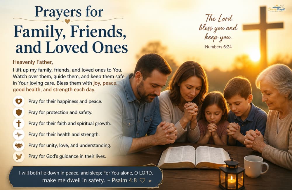 Prayers for family, friends, and loved ones with a warm spiritual scene of a family praying together in golden sunset light.