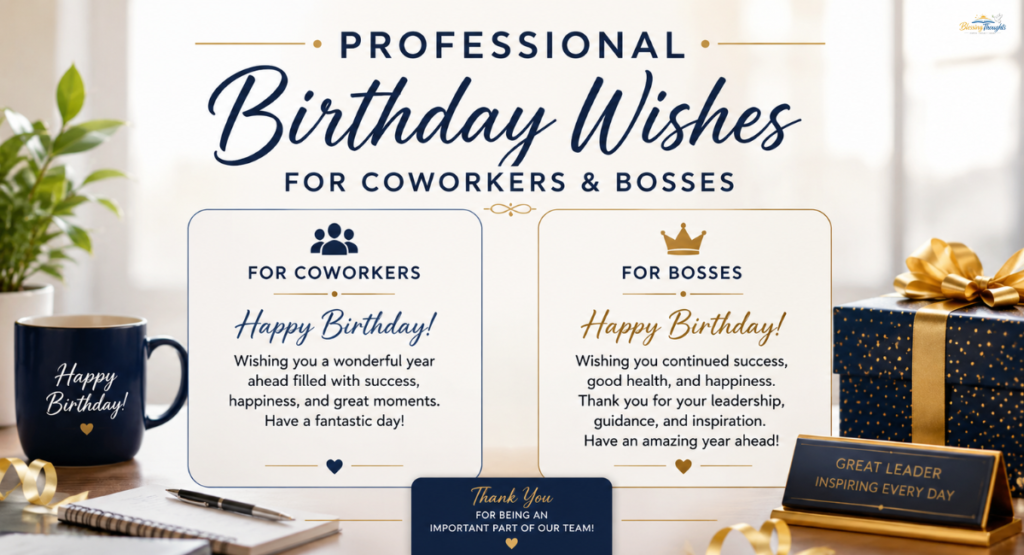 Professional birthday wishes image for coworkers and bosses featuring elegant office-themed birthday greetings with a modern corporate design.