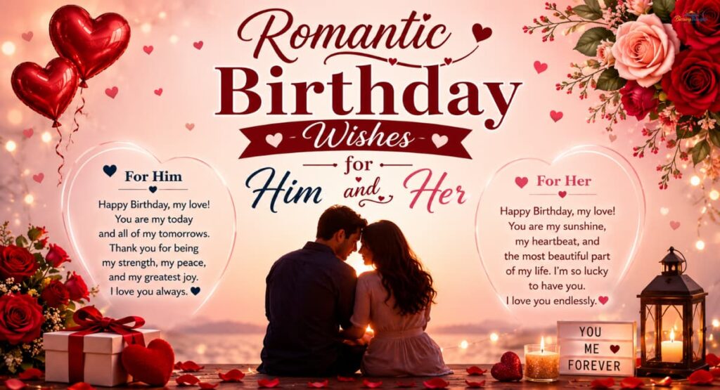 Romantic Birthday Wishes for Him and Her featuring heartfelt love messages and elegant celebration design.