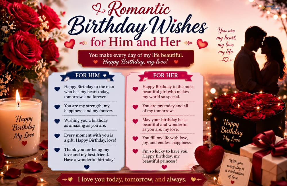 : Romantic birthday wishes for him and her with a love-themed birthday message design.