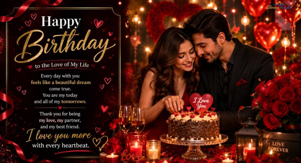 Romantic birthday setup with roses, candles, heart decorations, and sweet birthday wishes quotes for couples.