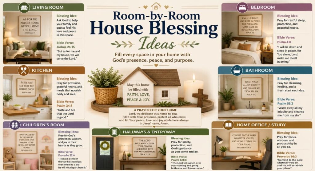 Inspirational room-by-room house blessing ideas graphic featuring living room, kitchen, bedroom, bathroom, children’s room, hallway, and home office with Bible verses and Christian home blessing prayers.