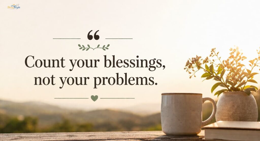 Happiness blessings quote image with a peaceful morning background and the text “Count your blessings, not your problems.”