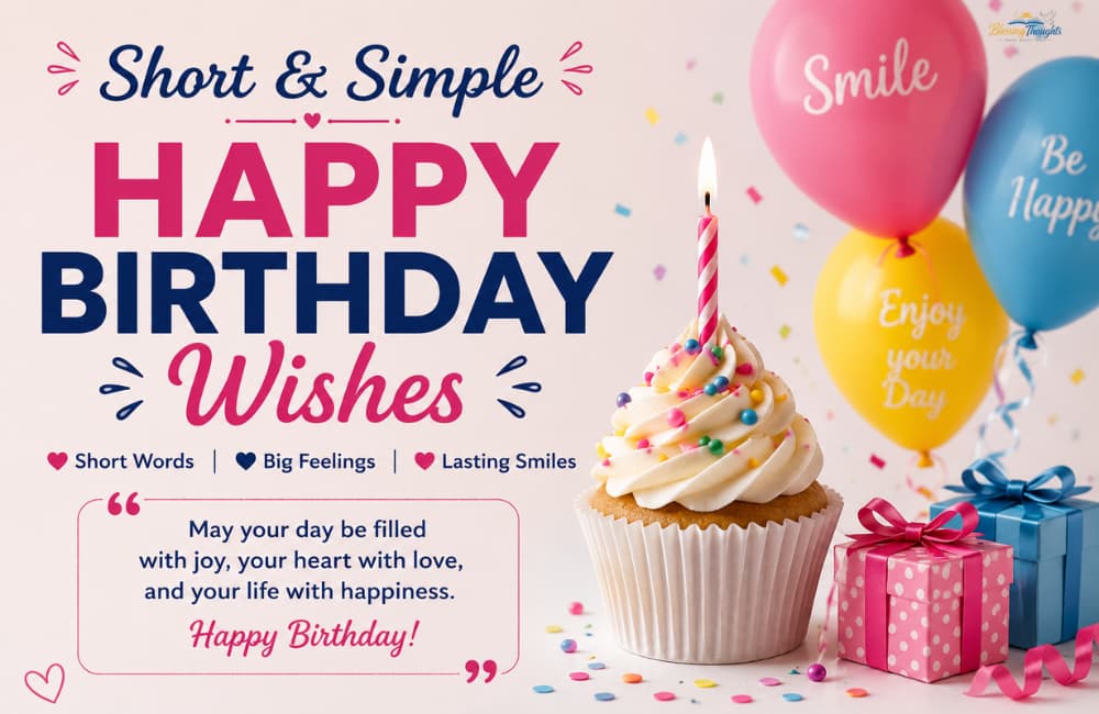 Short and simple happy birthday wishes with elegant design and warm celebration theme.
