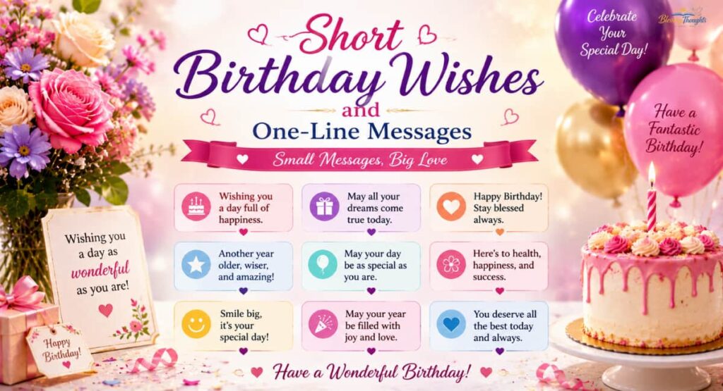 Short birthday wishes and one-line messages image with birthday cake, balloons, flowers, and colorful greeting quotes