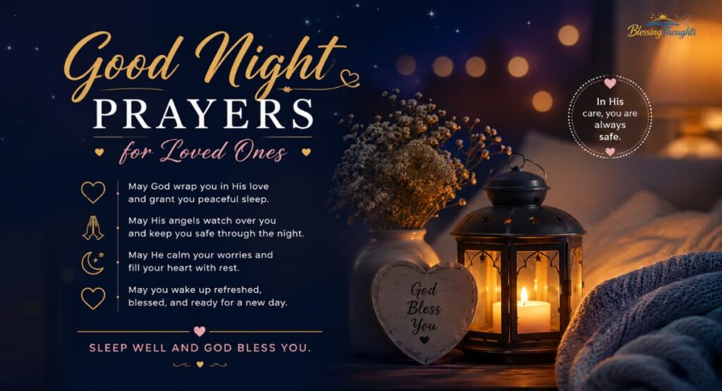 Beautiful good night wishes and prayers image with glowing candle lantern, cozy bedroom lights, and heartfelt blessings for loved ones under a peaceful night sky.