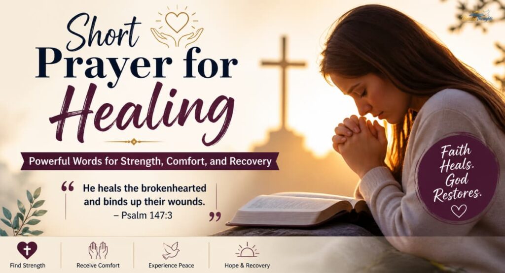 Short prayer for healing image with a woman praying over a Bible at sunrise, cross in background, and quote about faith, strength, and recovery
