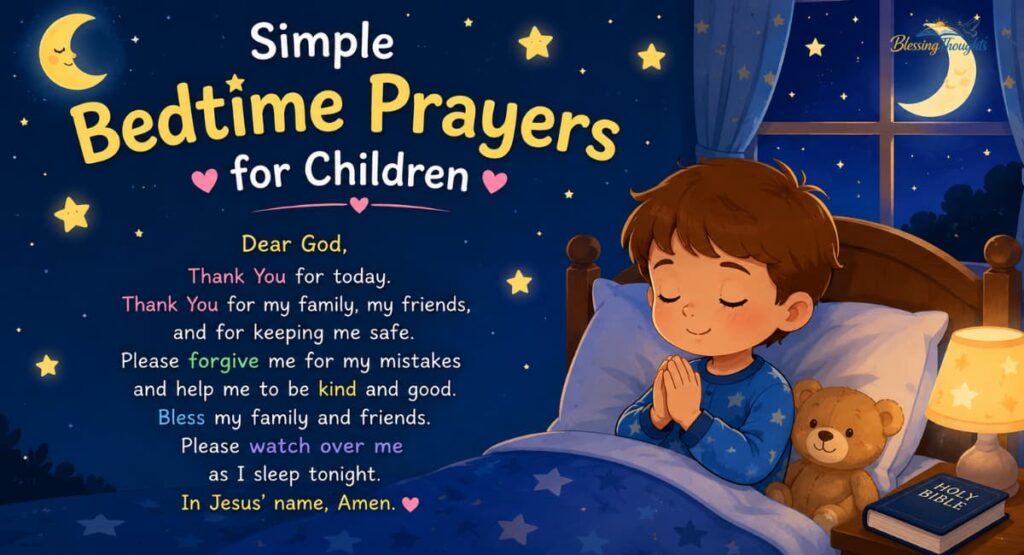 Cute bedtime prayer image with a child praying in bed under a starry night sky.