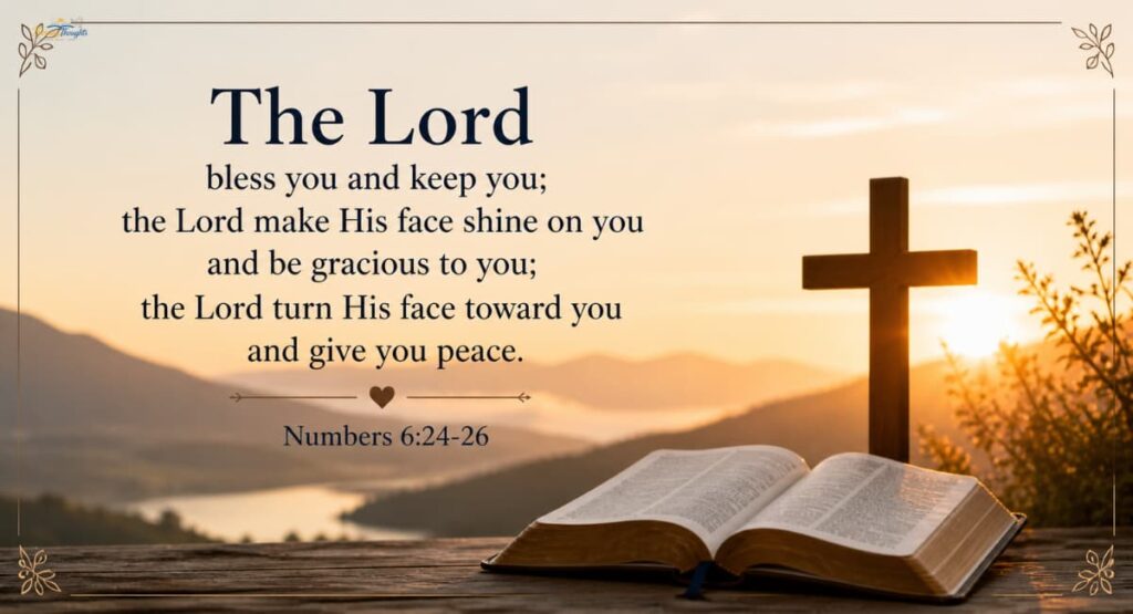 Spiritual Bible verse image with cross and open Bible at sunrise, featuring happiness blessings quotes and a peaceful scripture.