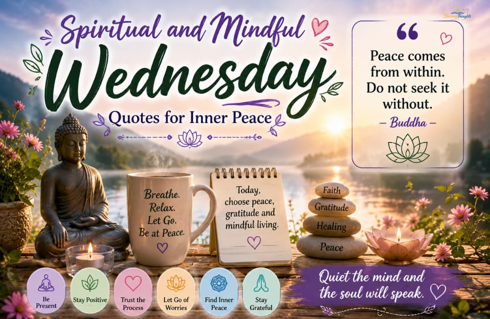 Spiritual and Mindful Wednesday Quotes for Inner Peace image with calming sunrise lake, Buddha statue, candles, flowers, and peaceful motivational quotes.