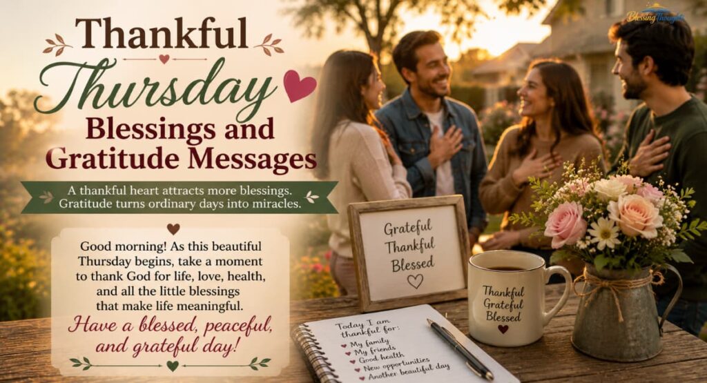 Thankful Thursday blessings and gratitude messages with warm sunrise, peaceful nature, thankful quotes, and positive morning spiritual vibes.