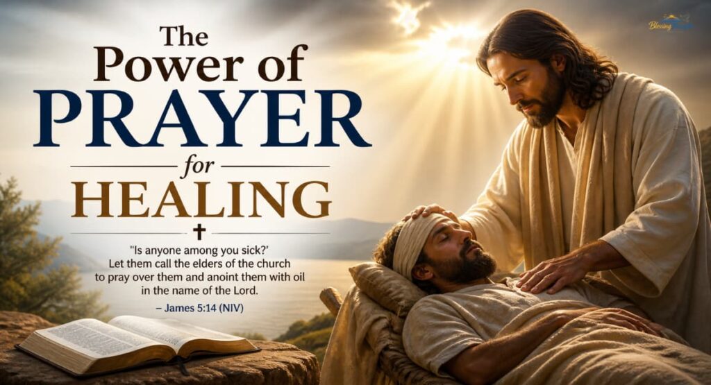 The Power of Prayer for Healing with Jesus praying over a sick man in a warm golden light.