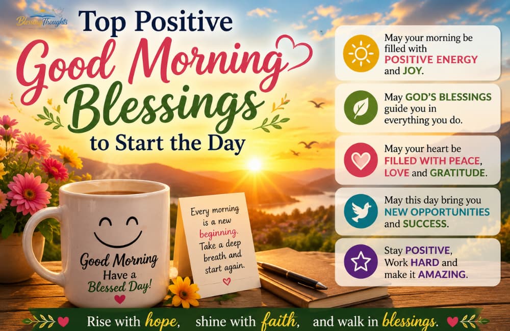 Colorful sunrise image with coffee mug and flowers featuring wishes blessings quotes and positive good morning blessings to start the day with happiness and motivation.