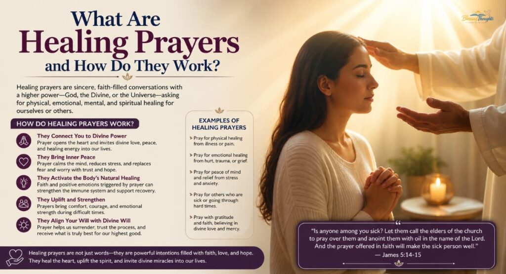 Healing Prayers infographic showing a woman in peaceful prayer with divine light and text explaining how healing prayers work.