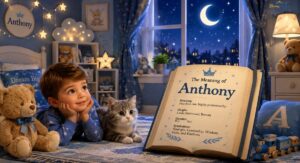 What Does the Name Anthony Mean graphic featuring elegant typography, meaningful name origin details, spiritual significance, and a stylish modern background design.