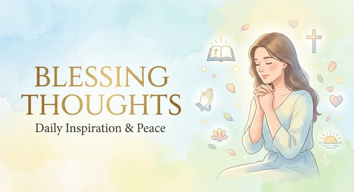 A serene and welcoming graphic for Blessing Thoughts featuring a woman praying peacefully next to an open Bible, with soft golden light, pink roses, and a warm cup of coffee, creating a calm and faithful atmosphere.