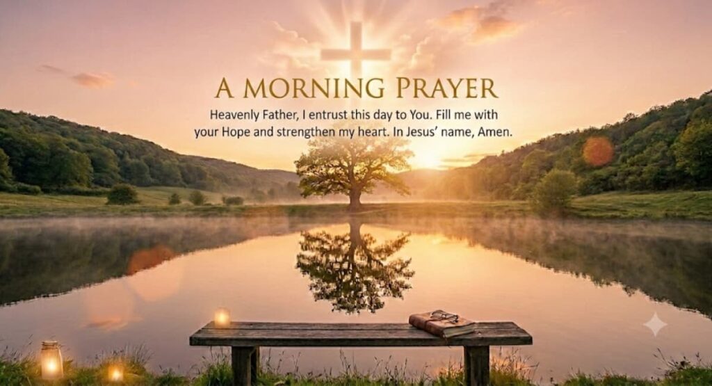 A beautiful golden sunrise over a calm lake with a bible on a wooden bench, representing a morning prayer for hope and peace to strengthen your day.
