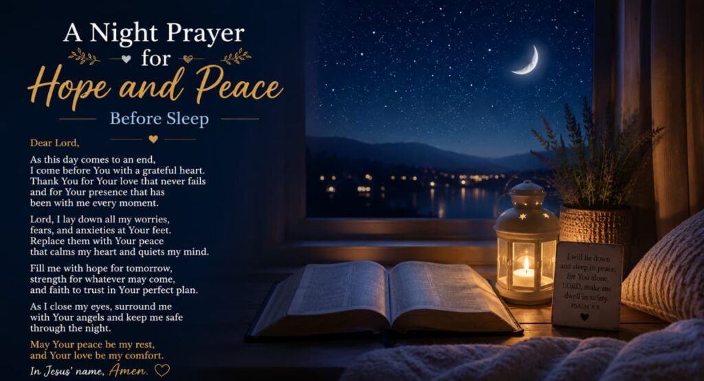 A serene night scene with a glowing candle and open bible, illustrating a night prayer for hope and peace before sleep to calm the soul.