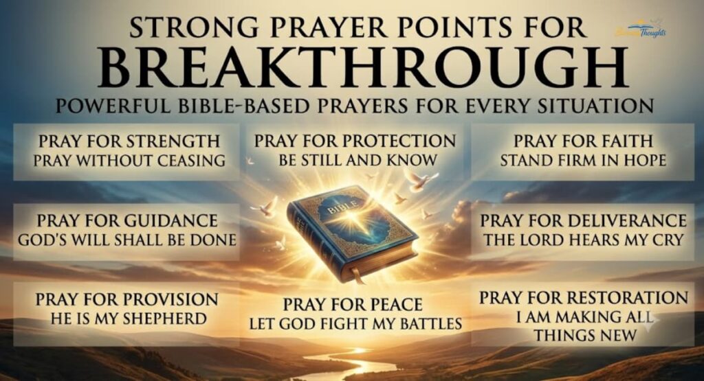 Bible verses that inspire strong prayer points for breakthrough with an open Bible, elegant floral design, and uplifting Scripture.