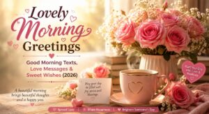 Lovely Morning Greetings image with pink roses, a warm cup of coffee, soft sunrise light, and sweet good morning wishes, perfect for sharing love, positivity, and happiness.