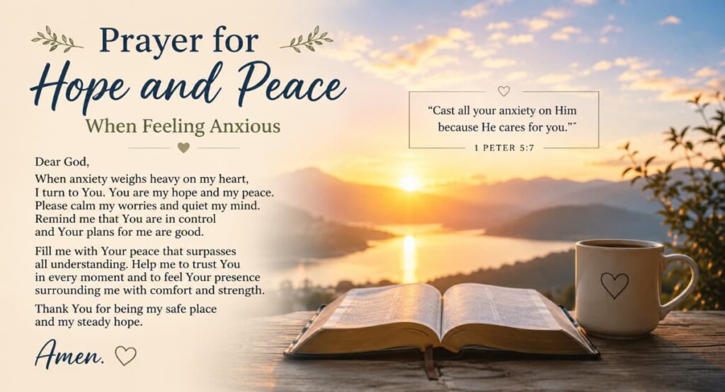 A peaceful sunset scene with a bible on a wooden bench by a lake, illustrating a prayer for hope and peace when feeling anxious.