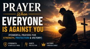 "A person kneeling in prayer at sunset with a cross in the background, symbolizing hope and divine strength during difficult times."