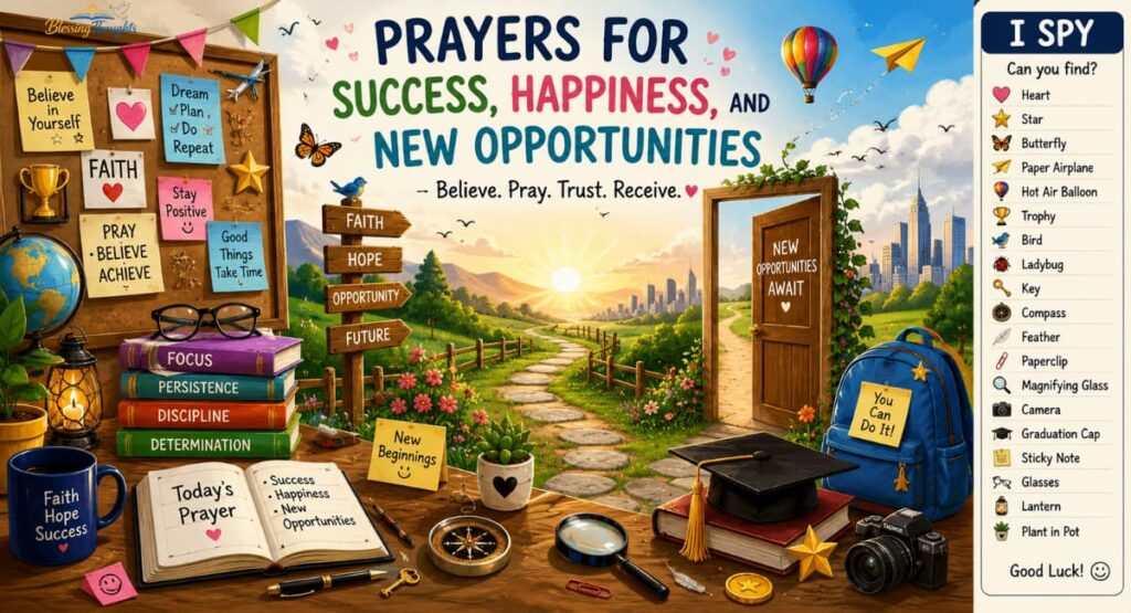 An inspiring quote graphic with powerful prayers for success, happiness, and new opportunities.
