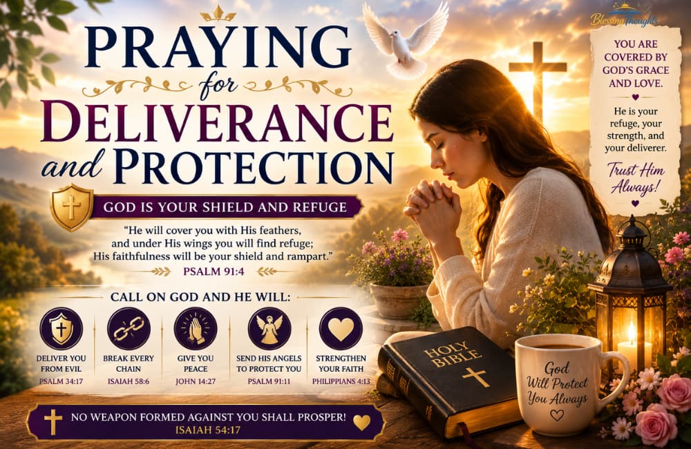 A woman praying with her eyes closed, next to the bold text "PRAYING FOR DELIVERANCE & PROTECTION".