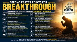 Strong prayer points for breakthrough with an open Bible, peaceful flowers, and inspiring Bible verses for every situation.