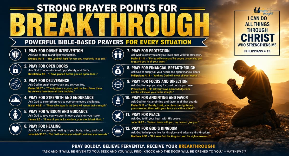 Strong prayer points for breakthrough with an open Bible, peaceful flowers, and inspiring Bible verses for every situation.