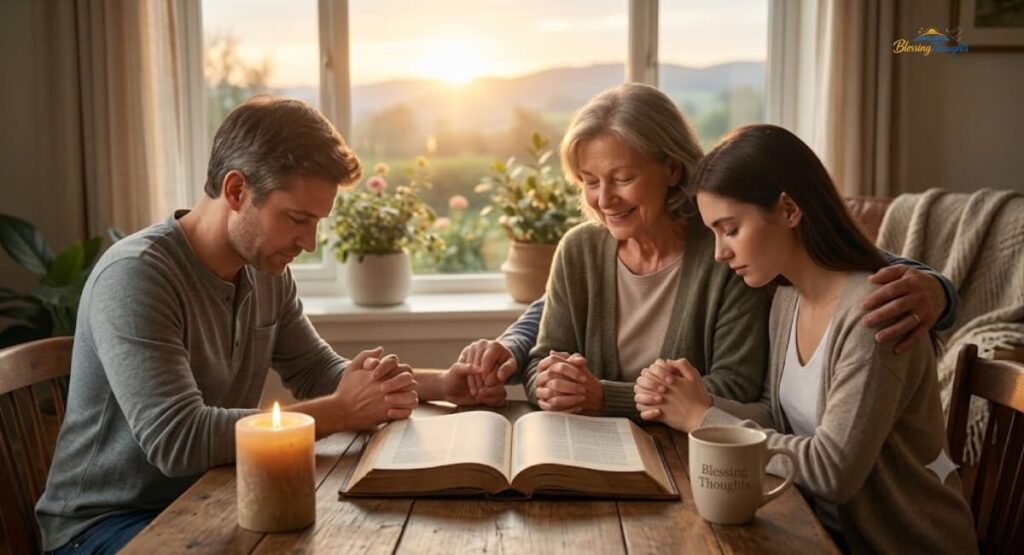 Strong prayer points for breakthrough in family, marriage, and relationships with a praying family and an open Bible.