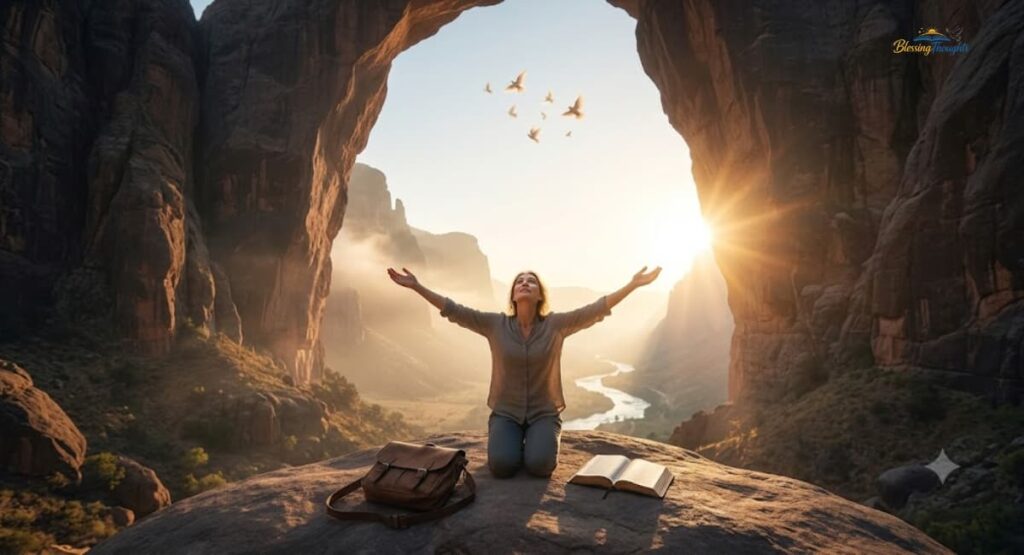 "A peaceful person praying over an open Bible with soft morning light, representing powerful breakthrough prayers."